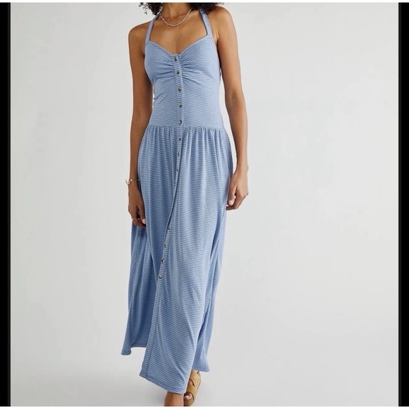 Free People Dresses & Skirts - Free People Size M Nina Summer Halter Maxi Dress Coastal Boho Striped Sundress